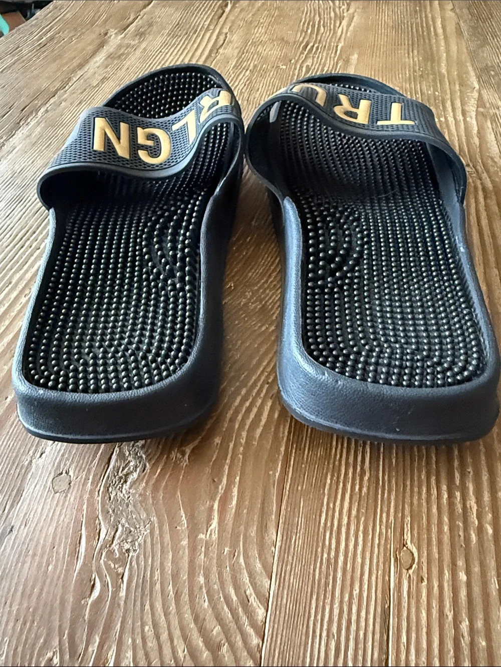True Religion Black Slides with Gold Lettering